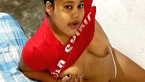 Chubby girl is cleaning a room on the floor in a dirty video