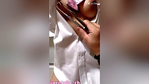 Cute teen girl rubs her nipples while riding his dick