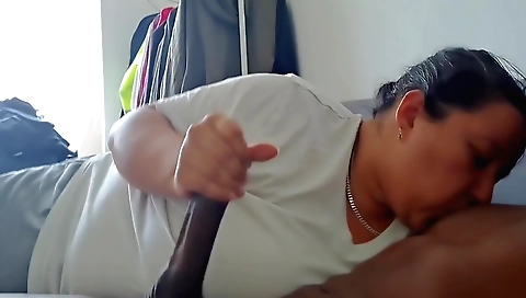 Mature milf takes the big cock and gives a blowjob