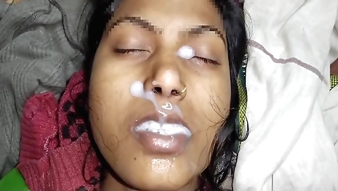 Busty brunette receives facial and a dick in her mouth