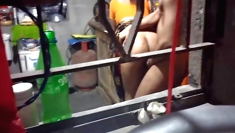 Amature woman with natural body covers face by guy