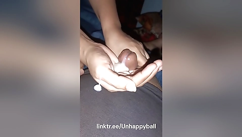 Handjob and hot blowjob for a hot brunette with natural tits