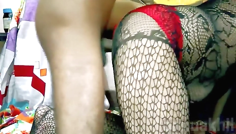 Indian brunette in stockings makes a step-familys cum video