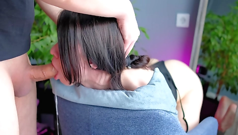 Amateur brunette fucker in a red trench coat and tight jeans