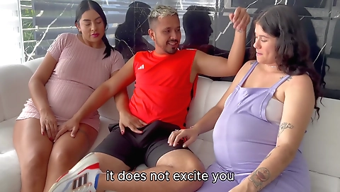 Big ass brunette girl gets fucked by two pregnant ladies