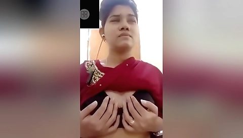 Cute brunette girl with small boobies shows them on webcam